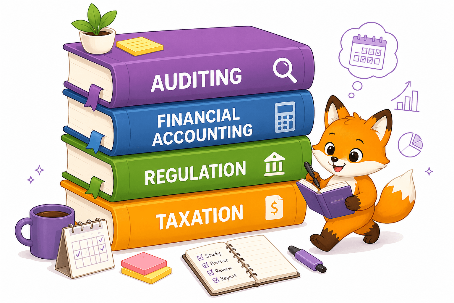 Paige the student fox studying for the CPA exam with notes and the 4 main topics